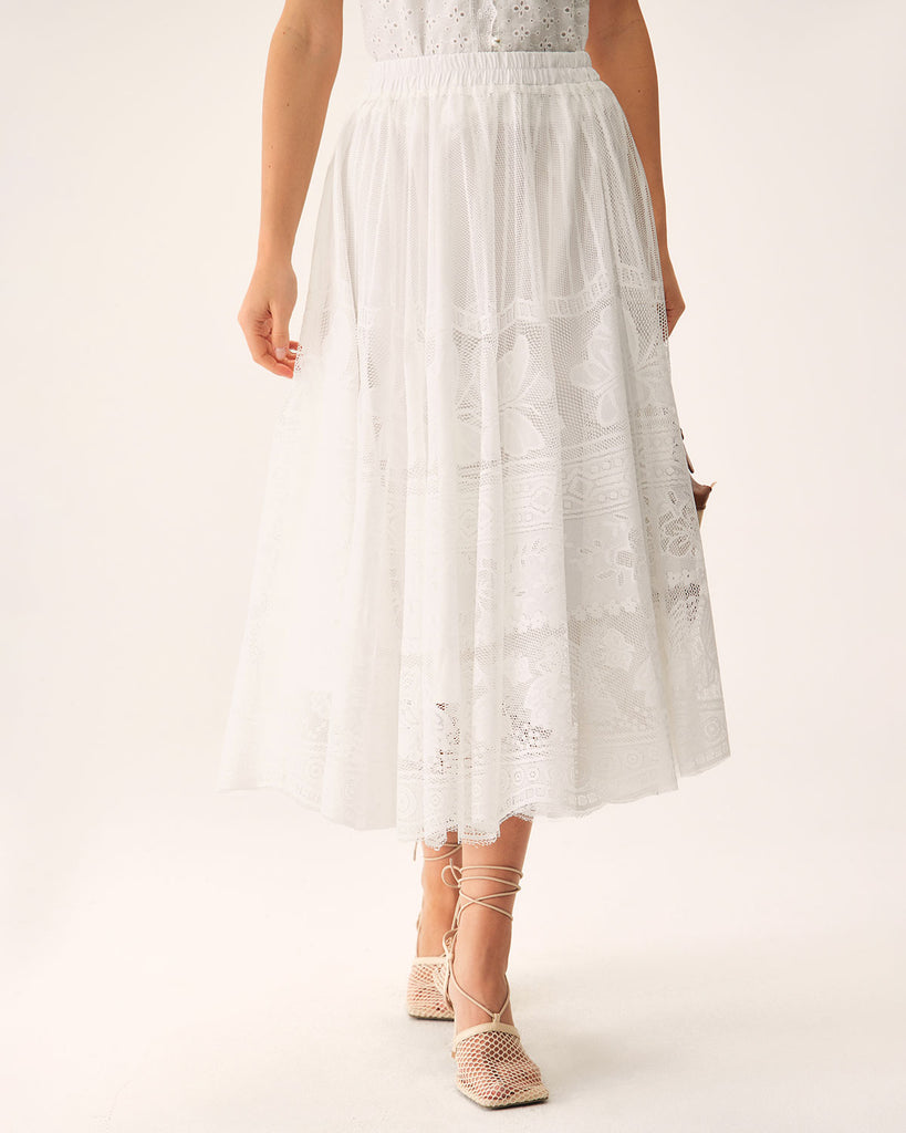 White Lace Elastic Waist Midi Skirt