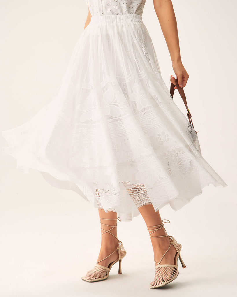 White Lace Elastic Waist Midi Skirt