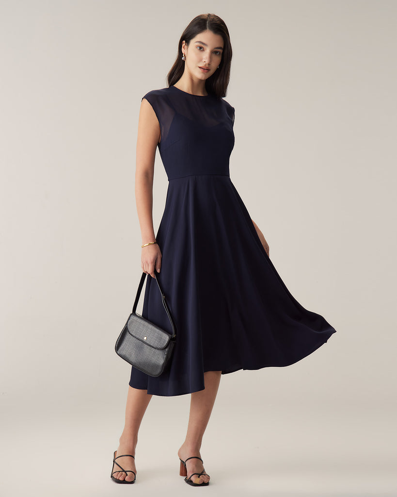 Navy See Through Cap Sleeve Midi Dress