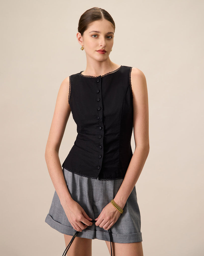 Women's Black Boat Neck Cotton Linen Vest