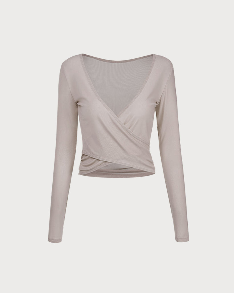 Beige Surplice Long Sleeve Top - Light Support