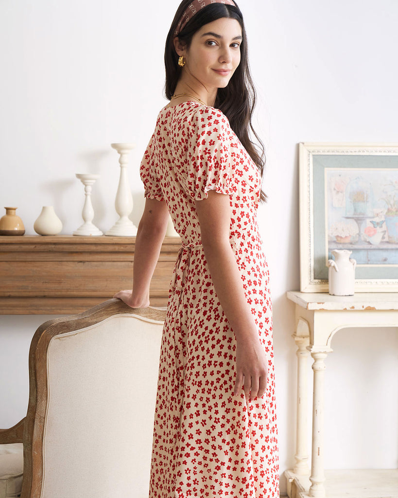 The Red V-Neck Floral Puff Sleeve Maxi Dress