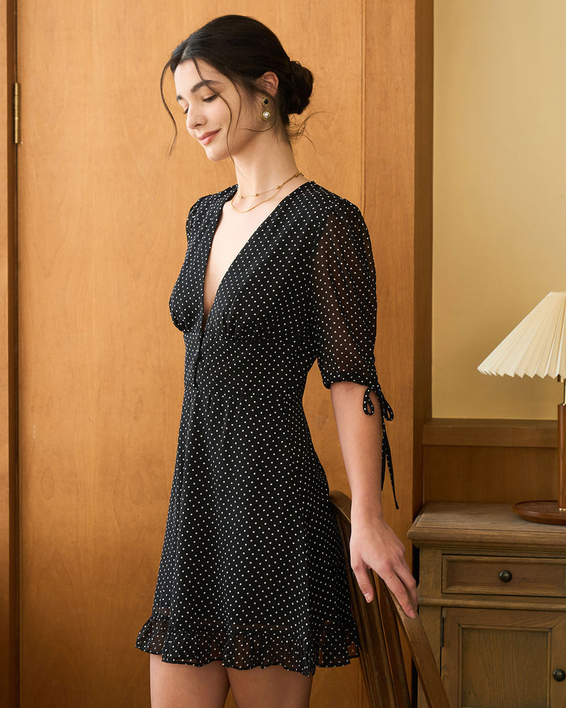 The Black Deep V Neck Polka Dot Mini Dress