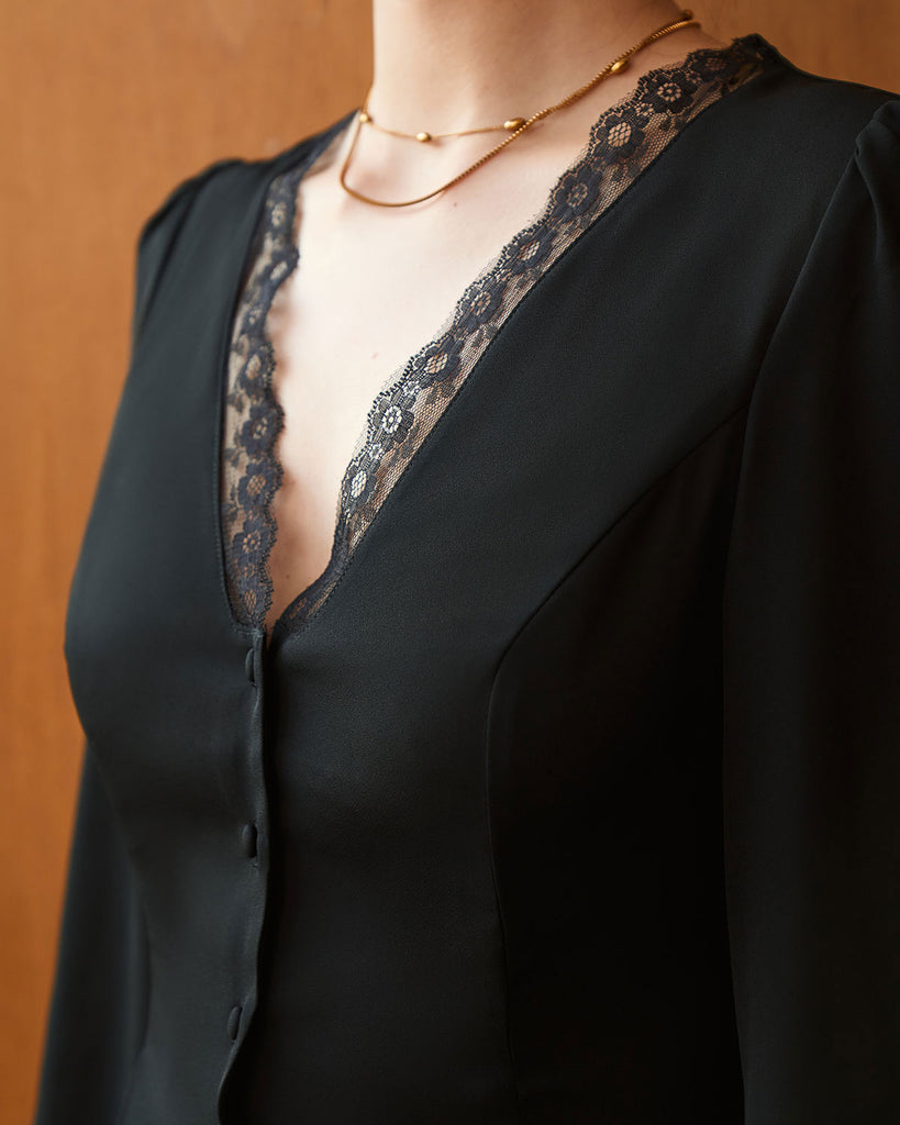 The Black V Neck Lace Trim Button Blouse