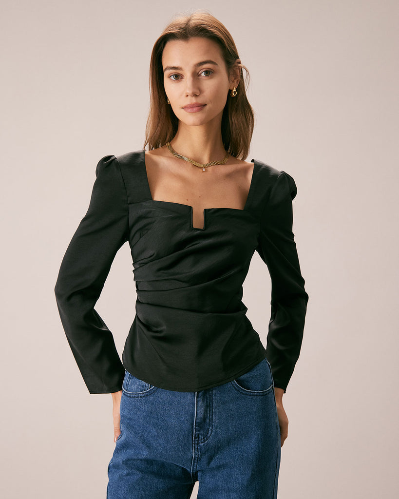 The Black Satin Ruched Blouse Black Tops - RIHOAS