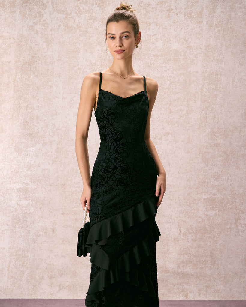 The Black Burnout Ruffle Maxi Dress Dresses - RIHOAS