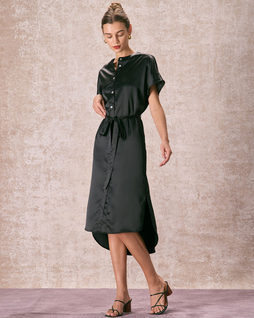 The Black Crew Neck Satin Midi Dress Dresses - RIHOAS