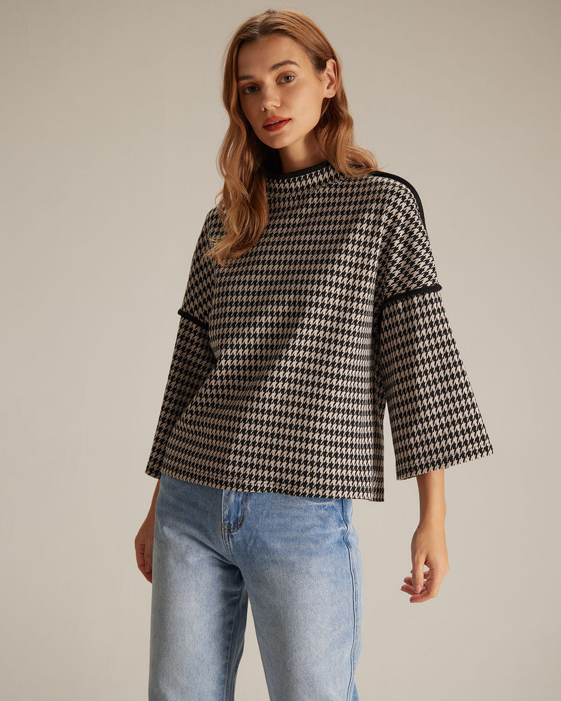 The Black Mock Neck Houndstooth Sweatshirt Tops - RIHOAS