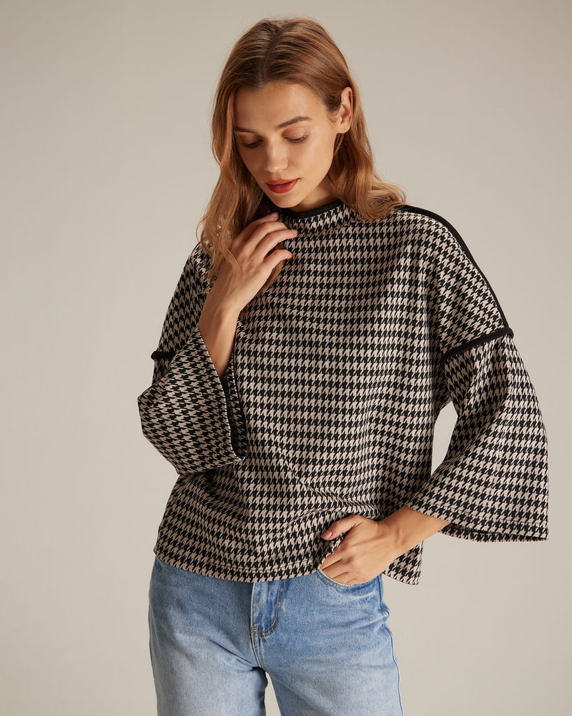 The Black Mock Neck Houndstooth Sweatshirt Tops - RIHOAS