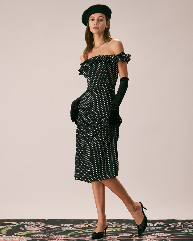 The Black Off The Shoulder Ruffle Midi Dress Dresses - RIHOAS