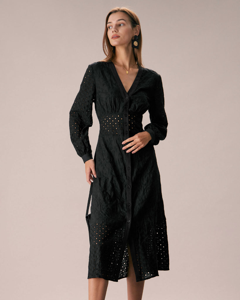 The Black V Neck Embroidery Midi Dress Dresses - RIHOAS