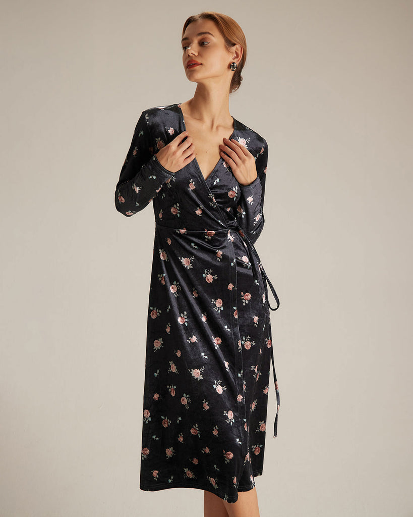 The Black V Neck Floral Velvet Midi Dress Dresses - RIHOAS