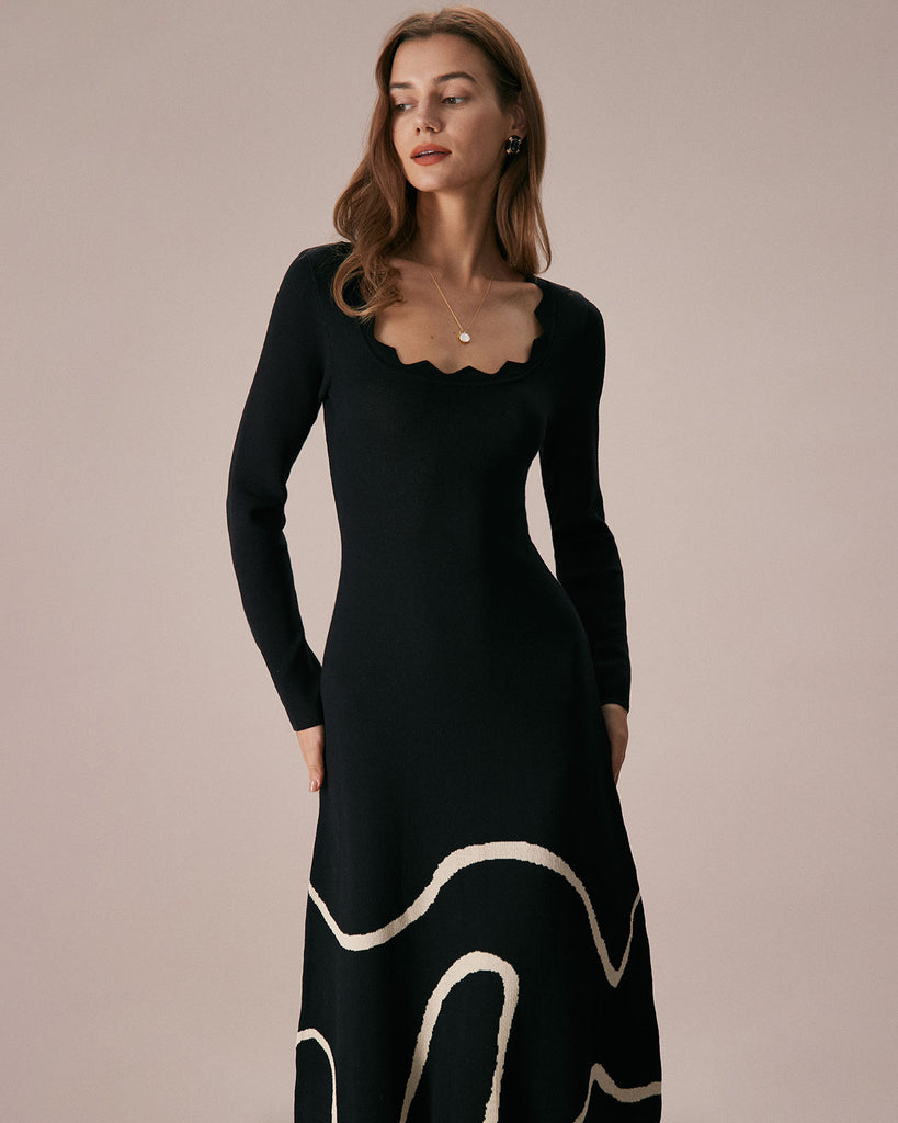 The Black Wave Scalloped Sweater Dress Dresses - RIHOAS