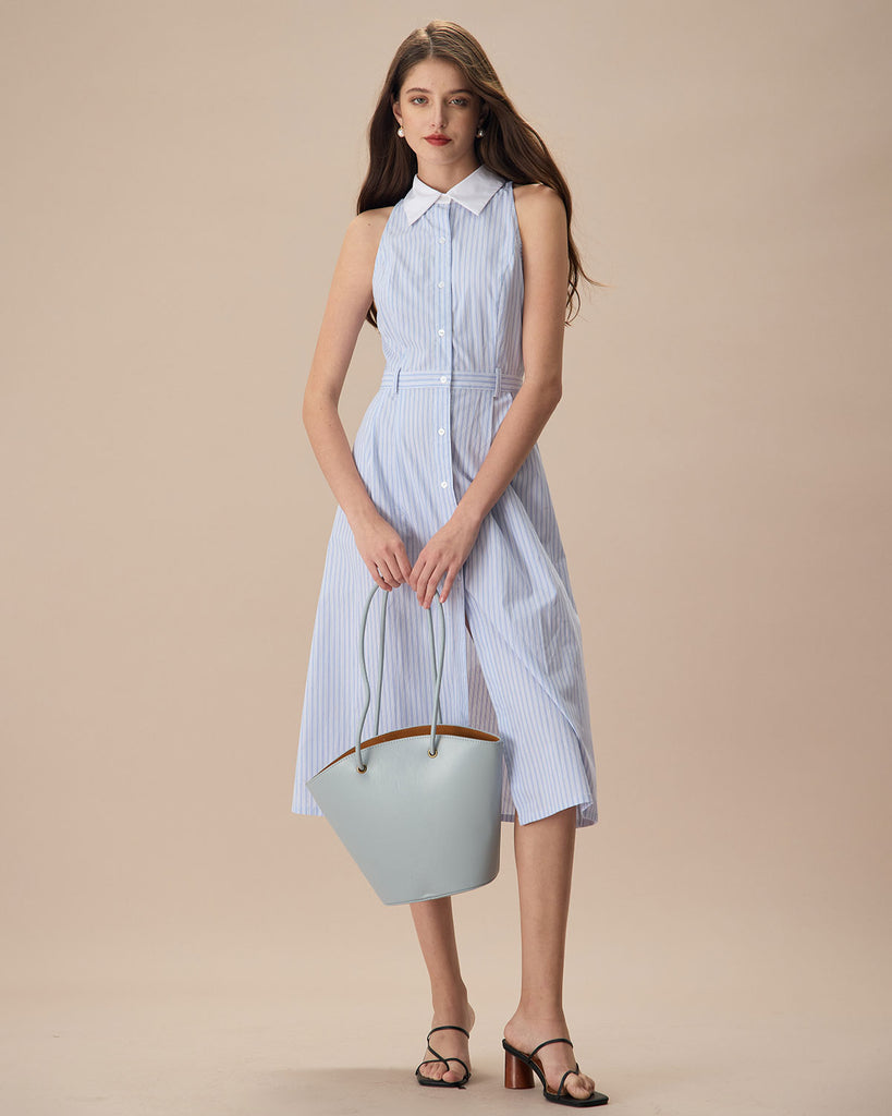 The Blue Lapel Striped Midi Dress Dresses - RIHOAS