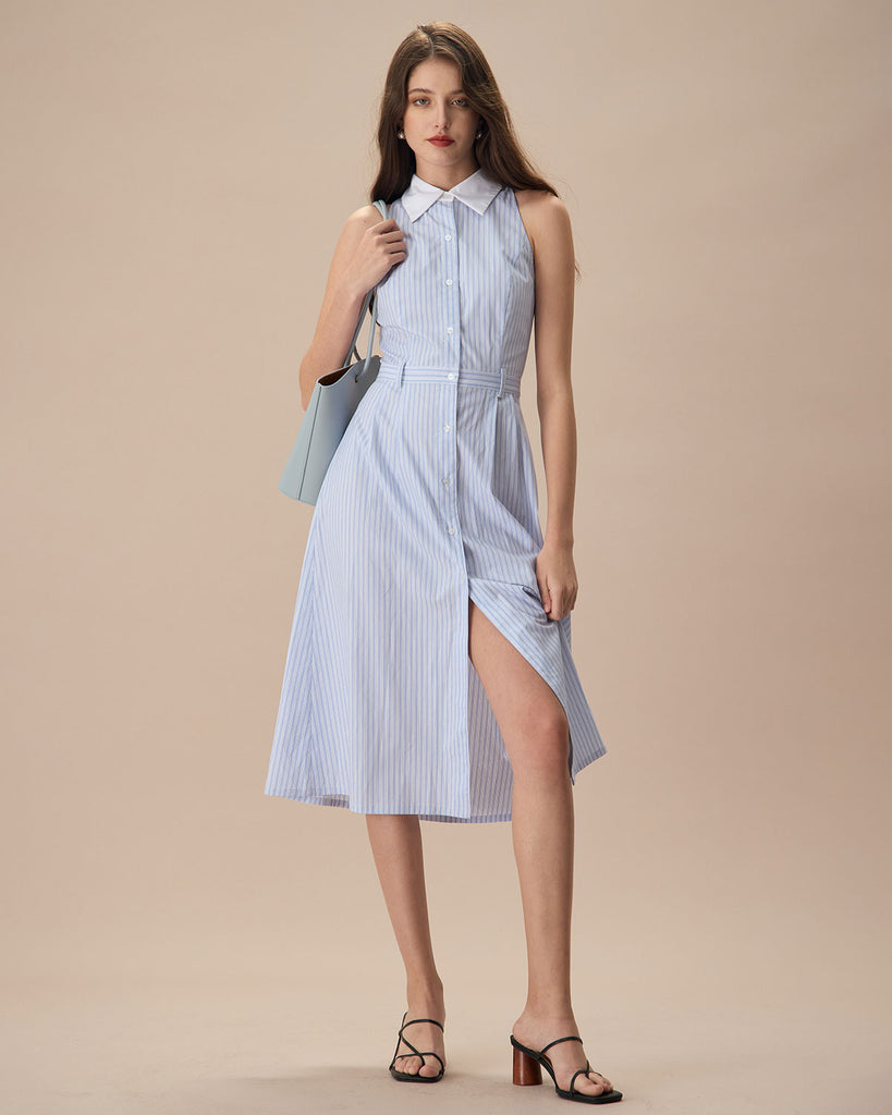 The Blue Lapel Striped Midi Dress Dresses - RIHOAS