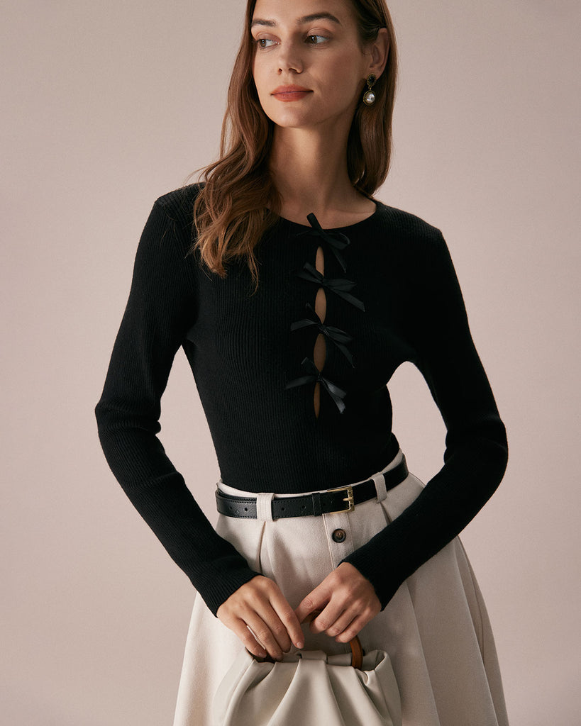 The Bowknot Front Cutout Knit Top Black Tops - RIHOAS