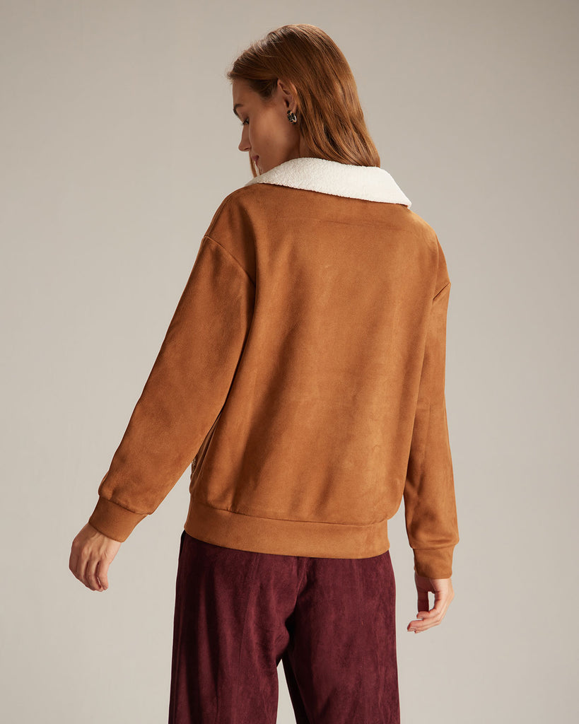 The Brown Half Button Suede Sweatshirt Tops - RIHOAS