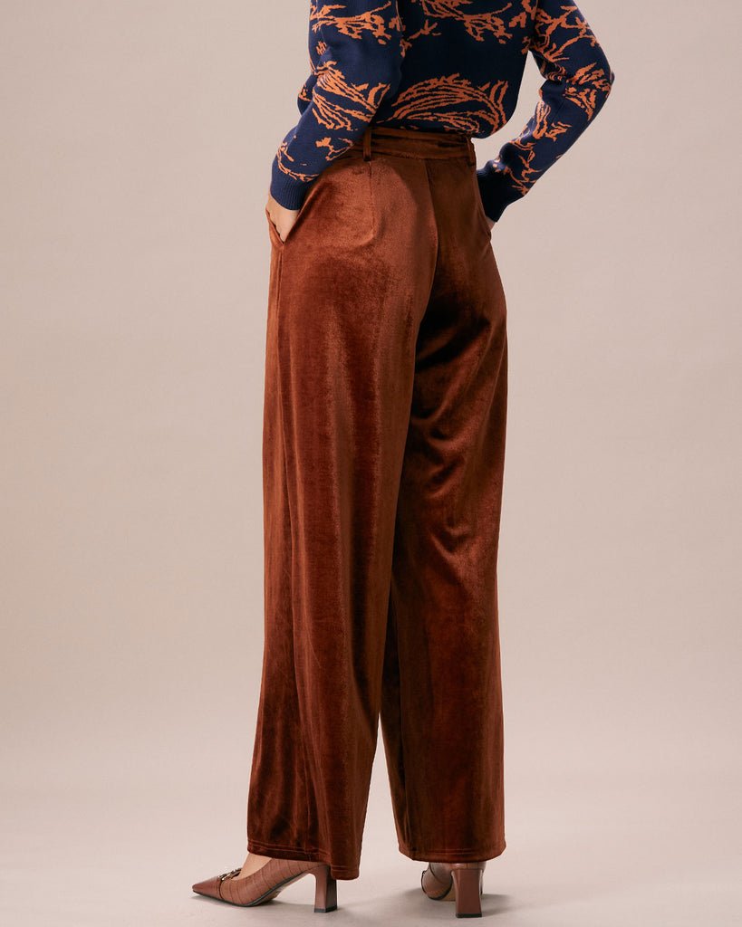 The Brown High Waisted Velvet Wide Leg Pants Bottoms - RIHOAS