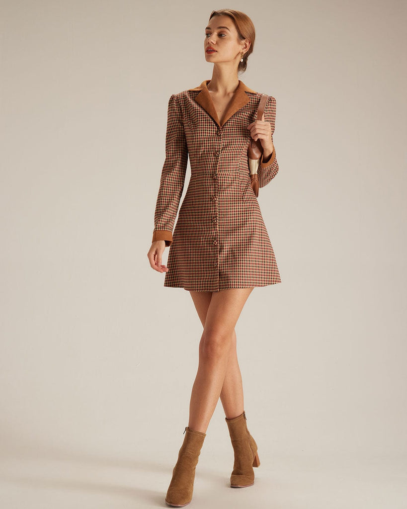 The Brown Plaid Spliced Suede Mini Dress Dresses - RIHOAS