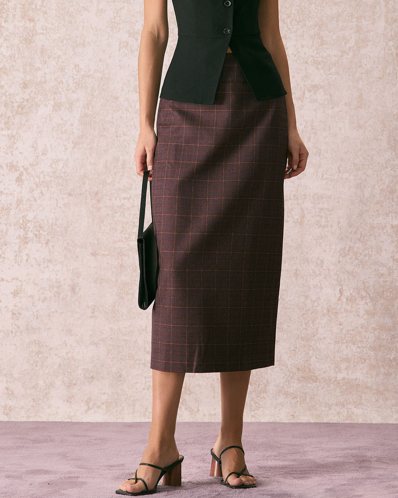 The Coffee Plaid Midi Skirt Bottoms - RIHOAS