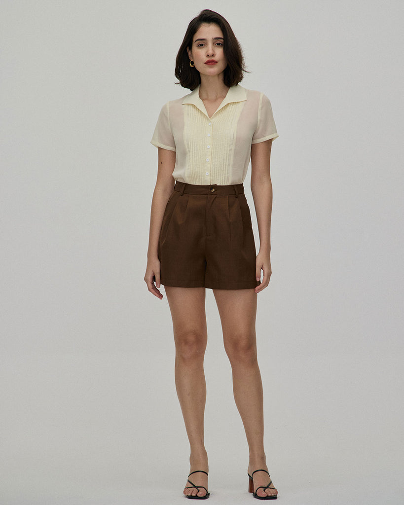 The Coffee Pleated Wide Leg Shorts Bottoms - RIHOAS