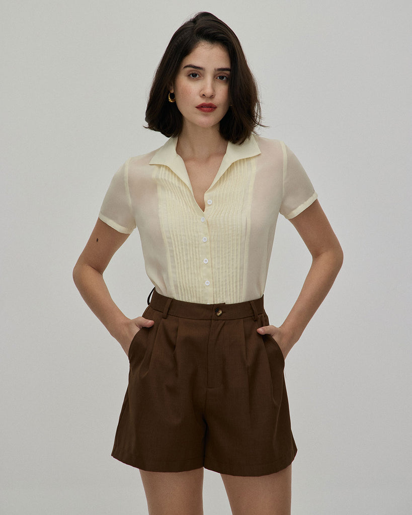 The Coffee Pleated Wide Leg Shorts Bottoms - RIHOAS