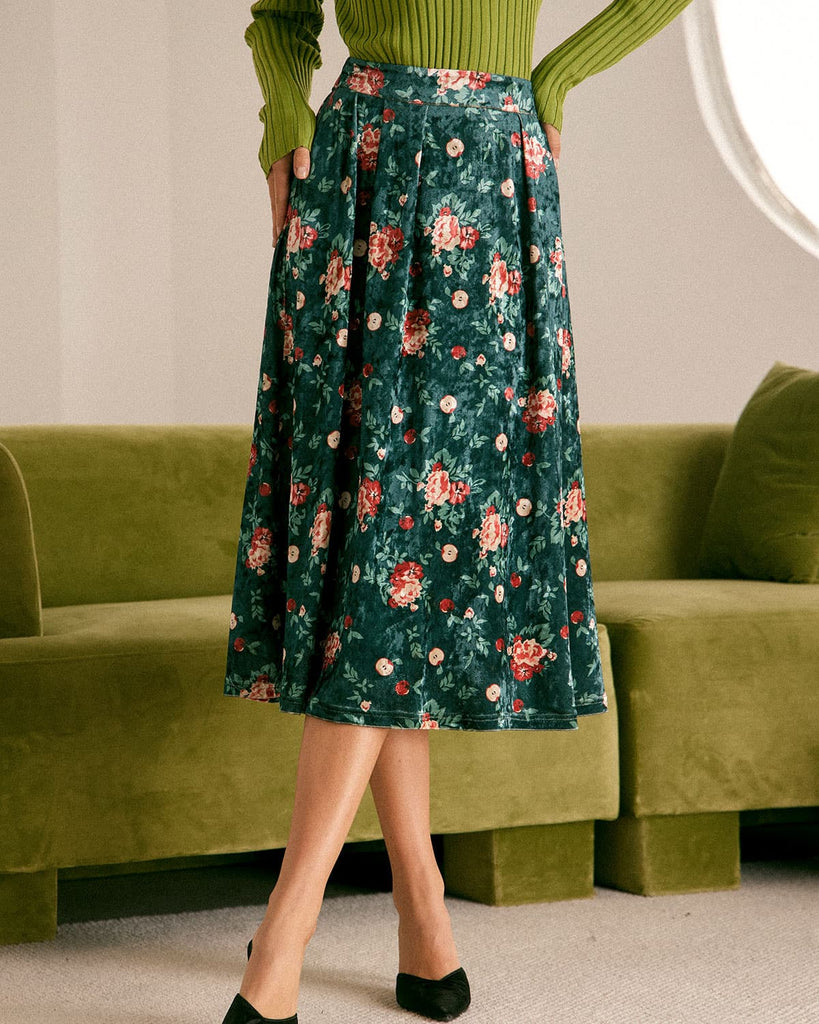 The Green Floral Velvet Midi Skirt Green Bottoms - RIHOAS