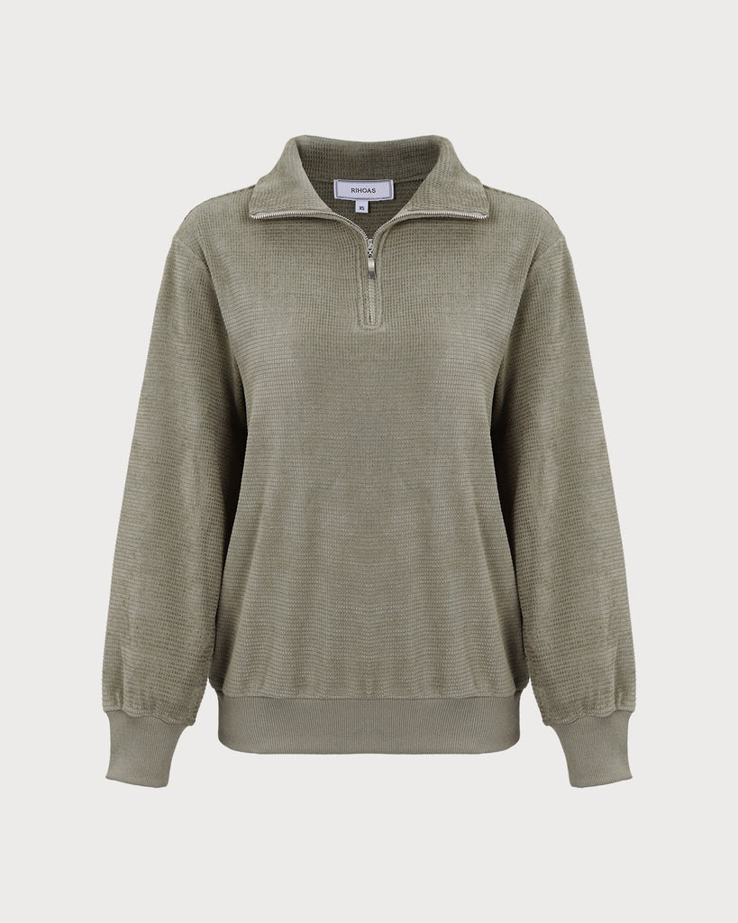 The Green Half Zip Drop Shoulder Sweatshirt Green Tops - RIHOAS