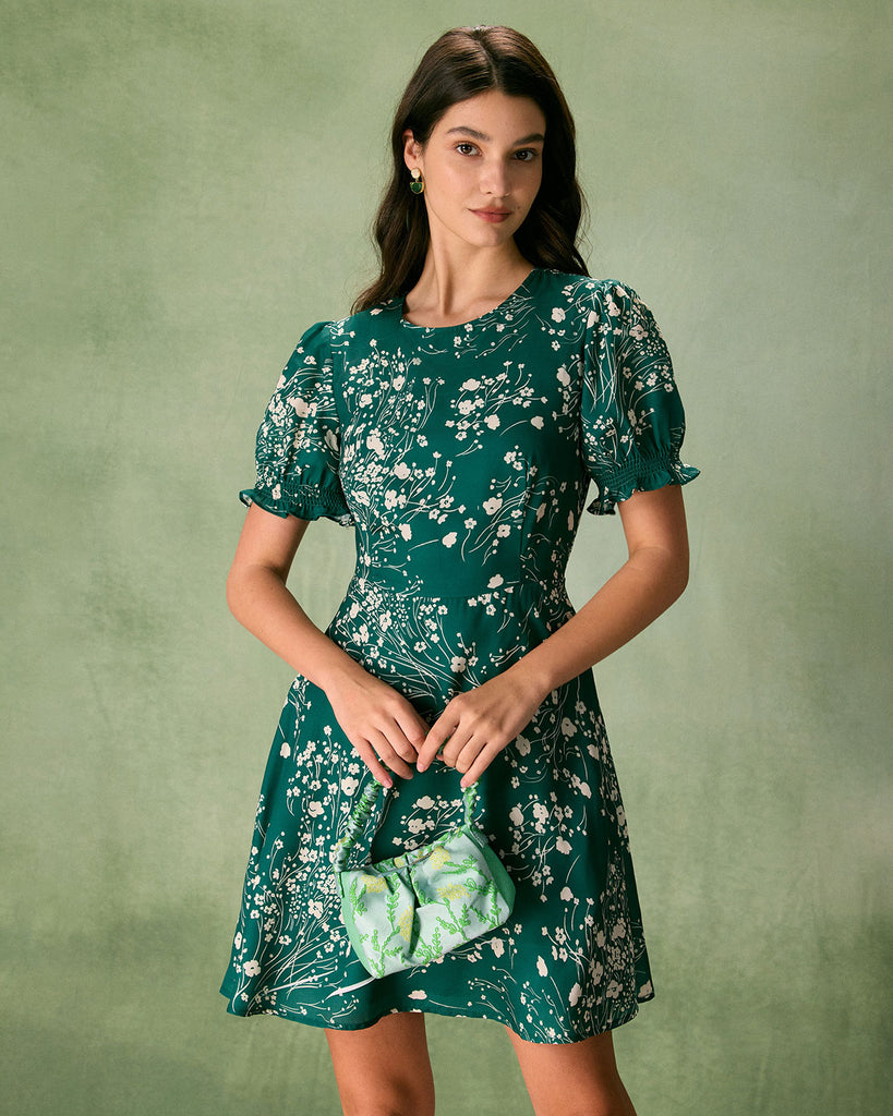 The Green Round Neck Floral Mini Dress Green Dresses - RIHOAS