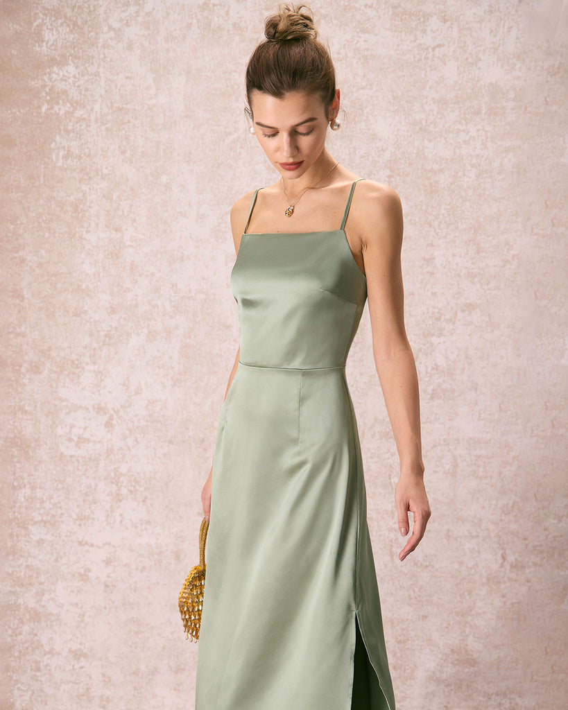 The Green Solid Satin Midi Dress Dresses - RIHOAS