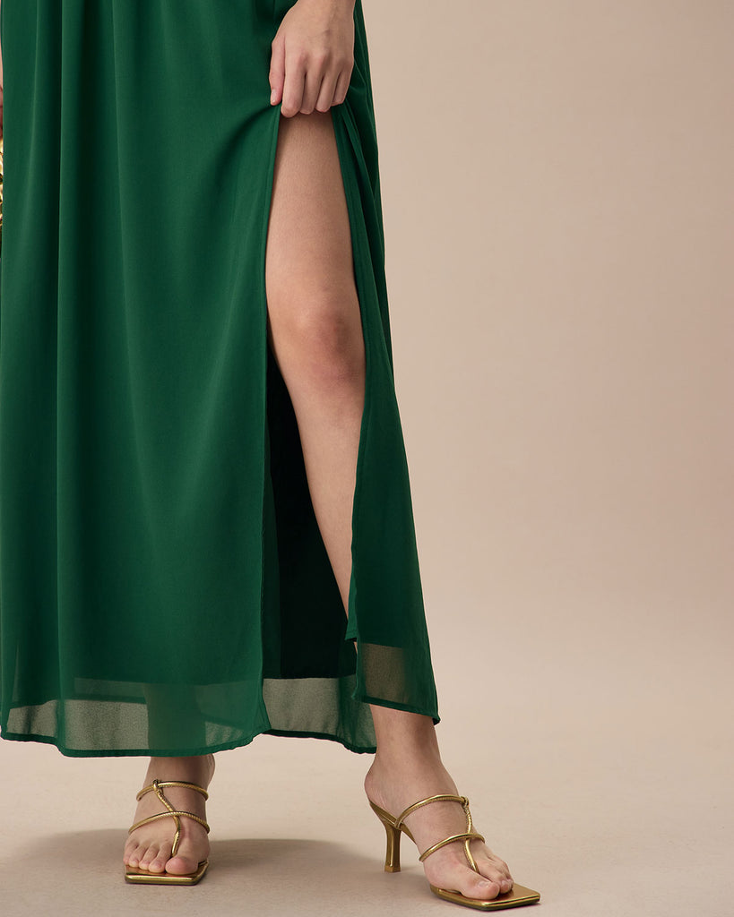 The Green Sweetheart Neck Ruched Maxi Dress Dresses - RIHOAS