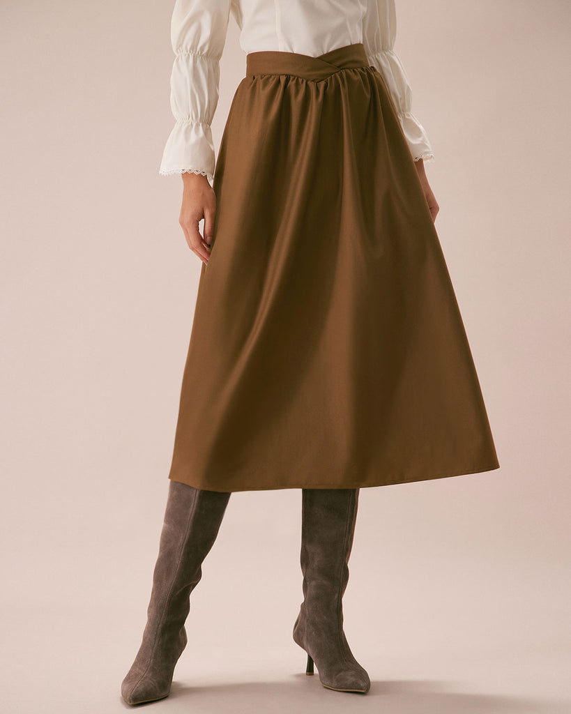 The Khaki Elastic Waist Solid Midi Skirt Bottoms - RIHOAS