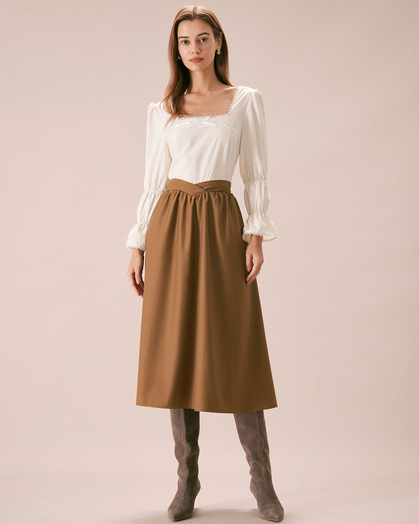 The Khaki Elastic Waist Solid Midi Skirt Bottoms - RIHOAS