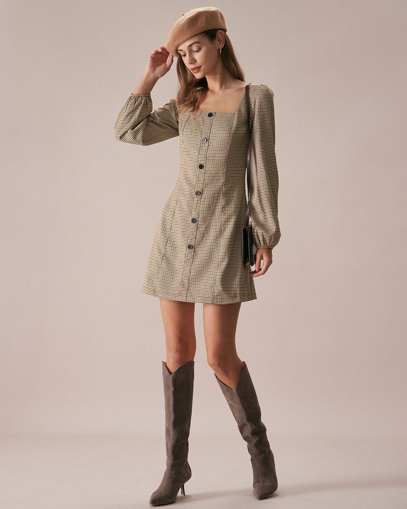 The Khaki Square Neck Plaid Mini Dress Dresses - RIHOAS