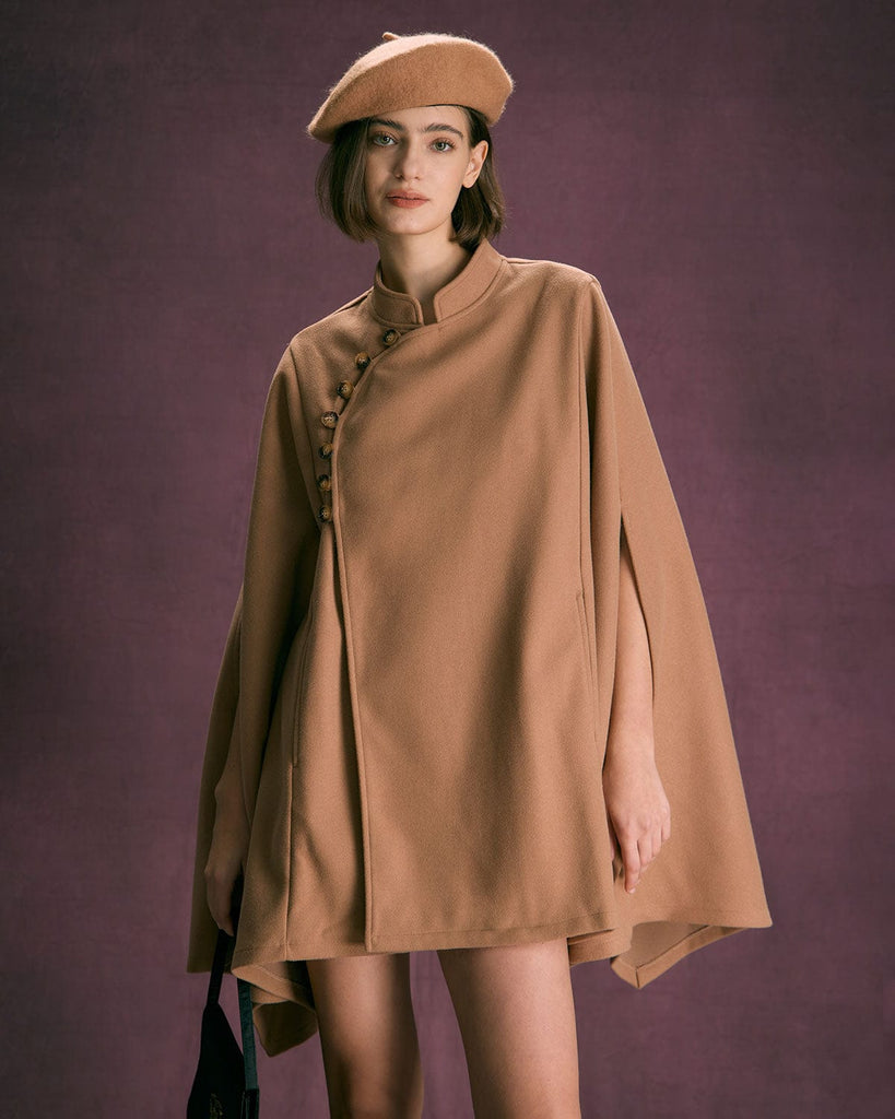 The Khaki Stand Button Up Cape Khaki Outerwear - RIHOAS