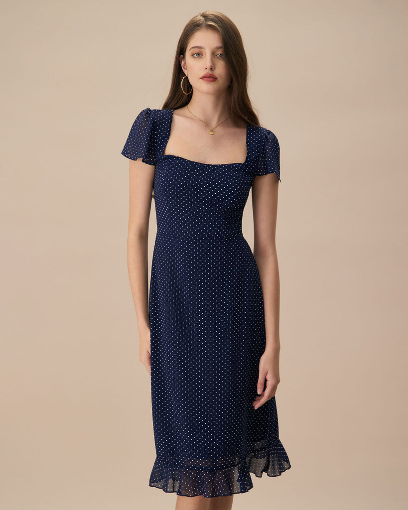 The Navy Polka Dot Cutout Back Midi Dress Dresses - RIHOAS