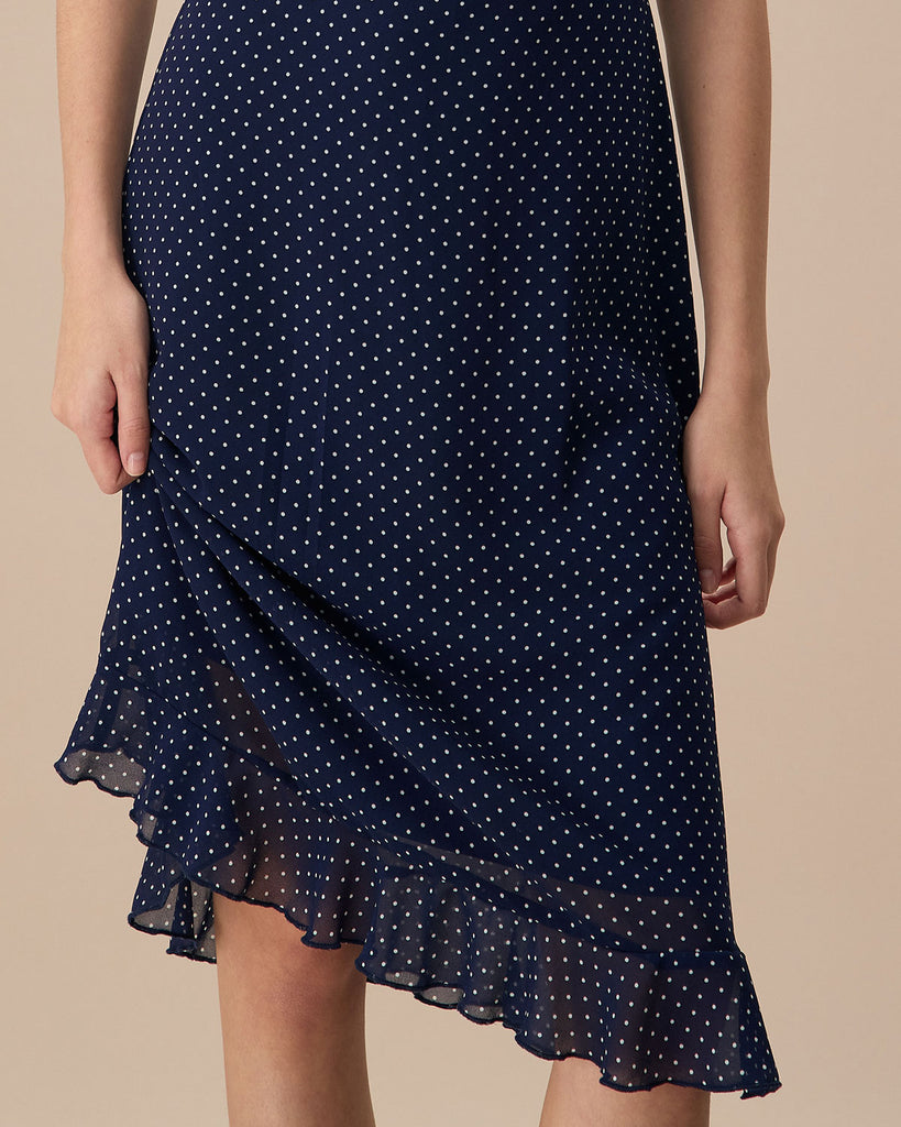 The Navy Polka Dot Cutout Back Midi Dress Dresses - RIHOAS