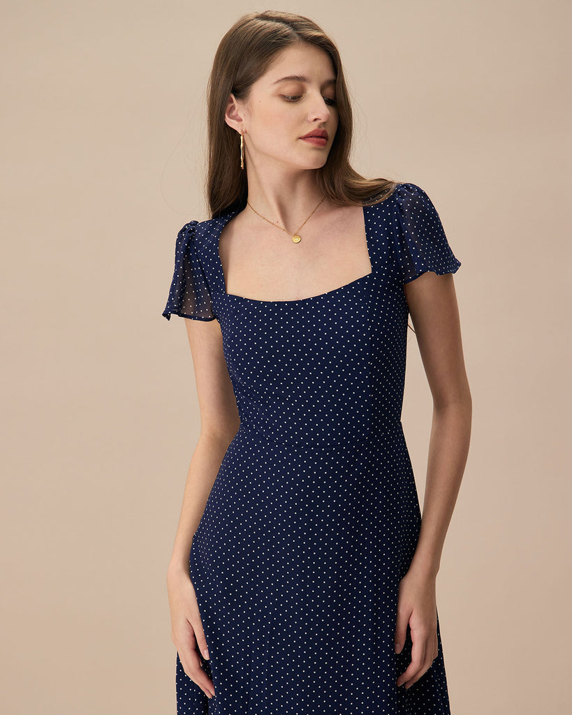 The Navy Polka Dot Cutout Back Midi Dress Dresses - RIHOAS