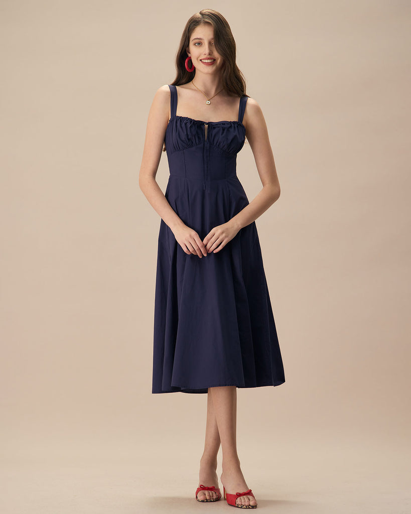 The Navy Square Neck Ruched Solid Midi Dress Dresses - RIHOAS