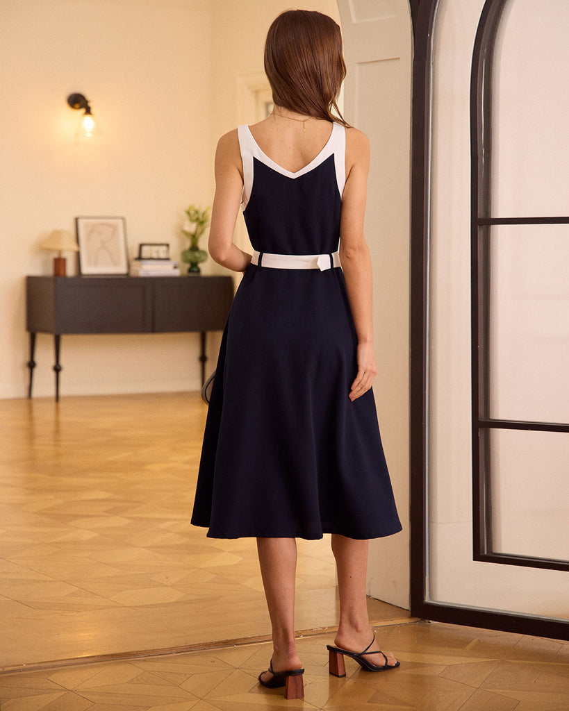 The Navy V Neck Colorblock Midi Dress Dresses - RIHOAS