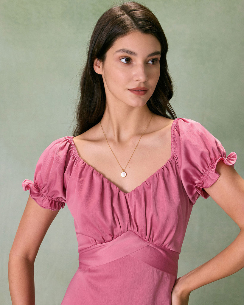 The Pink Ruched Satin Midi Dress Dresses - RIHOAS