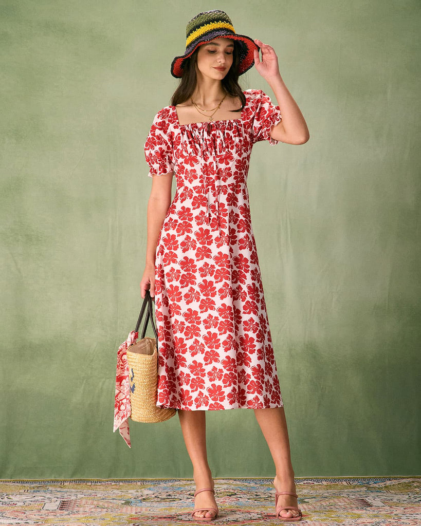 The Red Square Neck Floral Ruched Midi Dress Dresses - RIHOAS