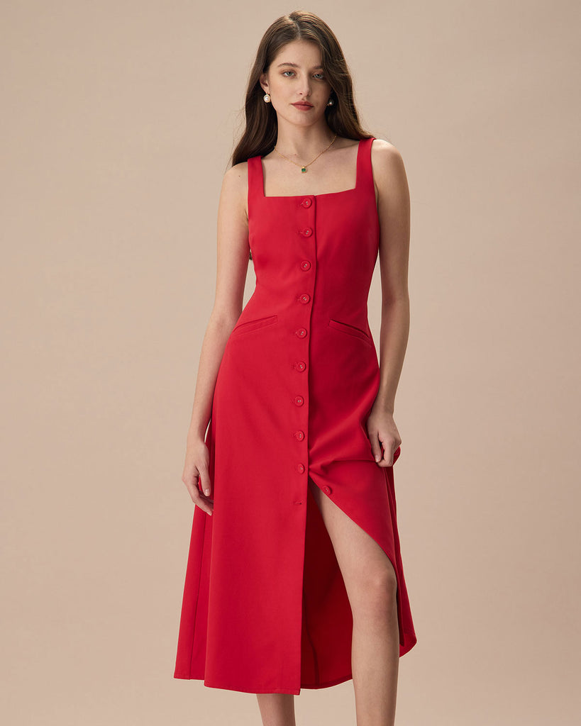 The Red Square Neck Pocket Front Midi Dress Dresses - RIHOAS