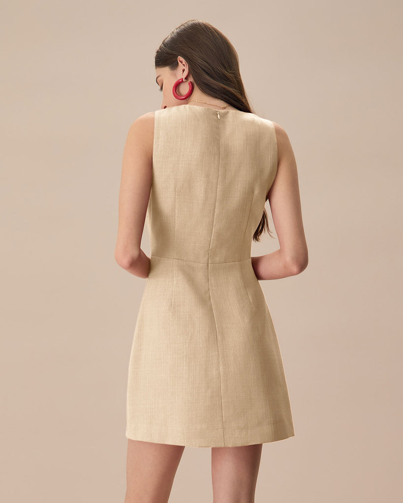 The Beige V Neck Sleeveless Linen Mini Dress