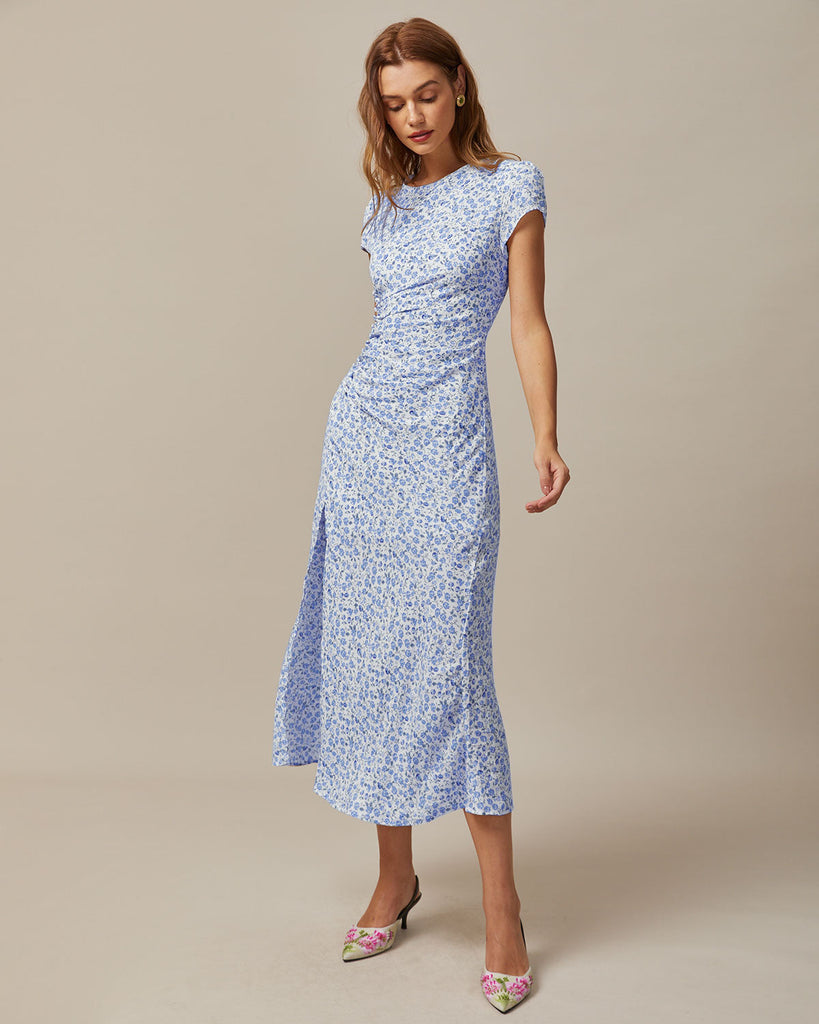 The Round Neck Ruched Floral Dress Dresses - RIHOAS