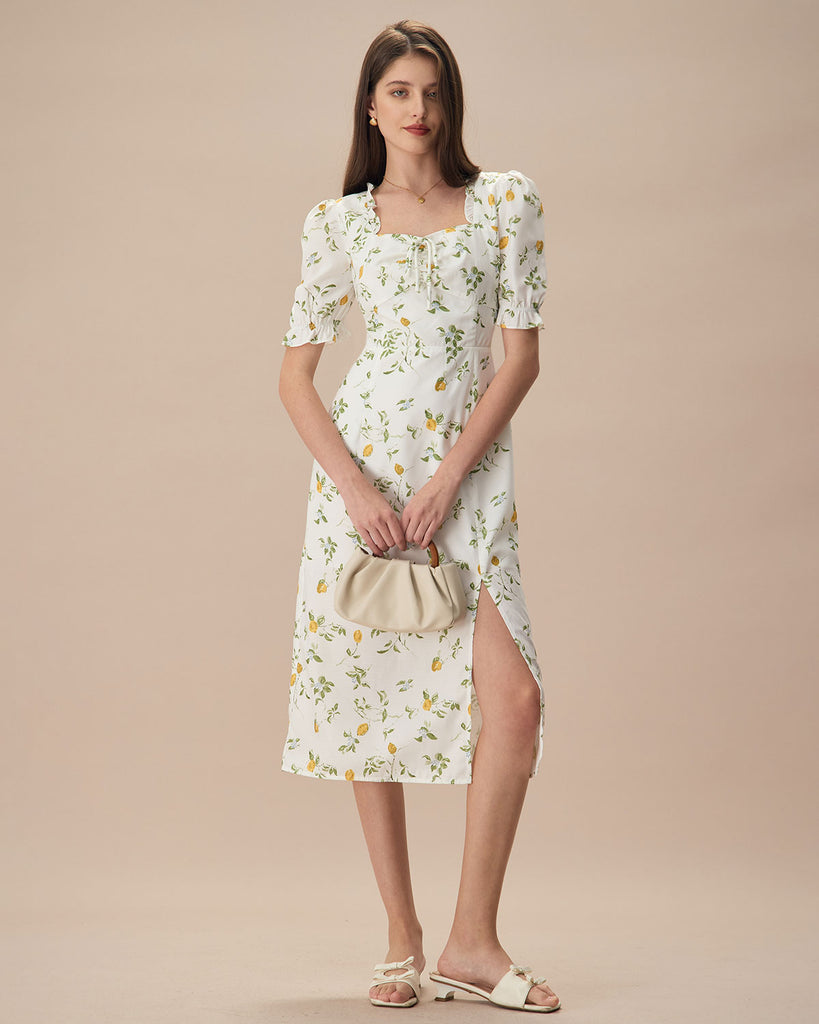 The Square Neck Frill Trim Floral Midi Dress White Dresses - RIHOAS