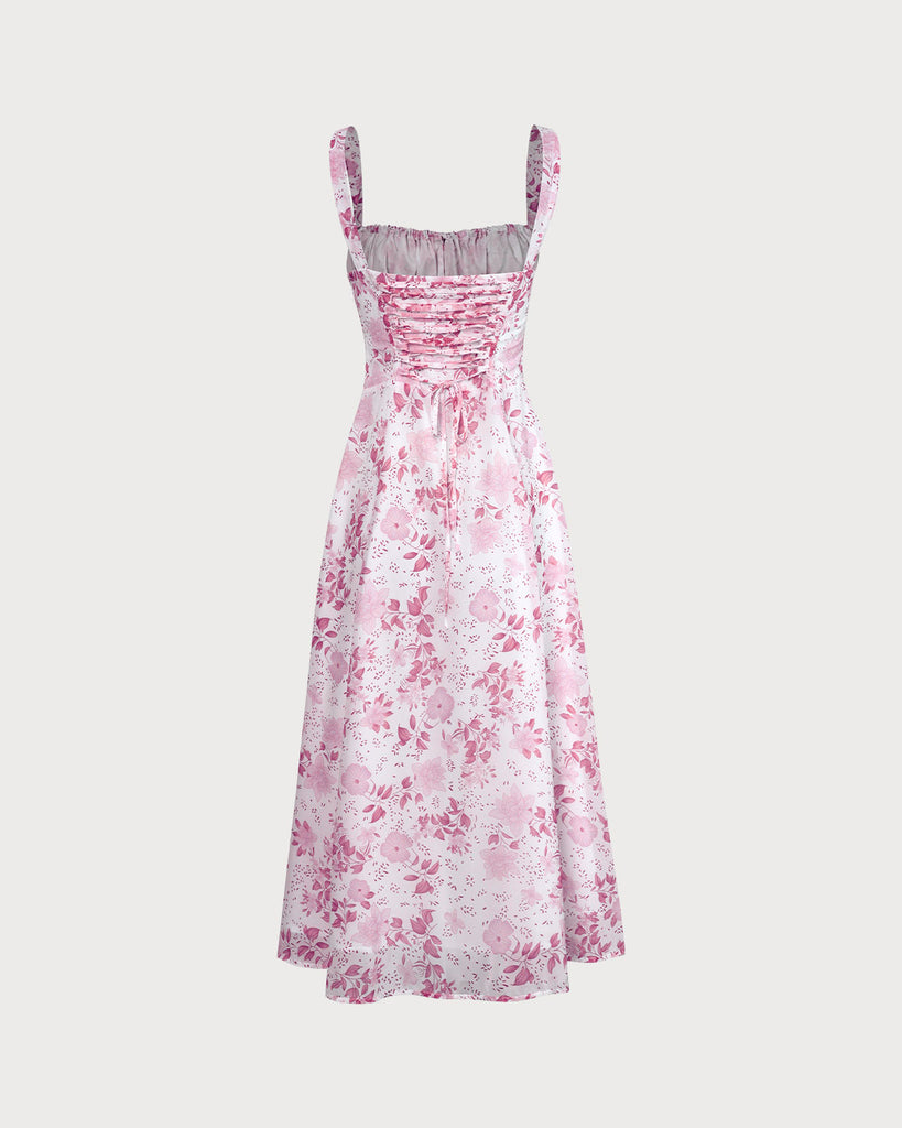 The Pink Square Neck Floral Ruched Midi Dress