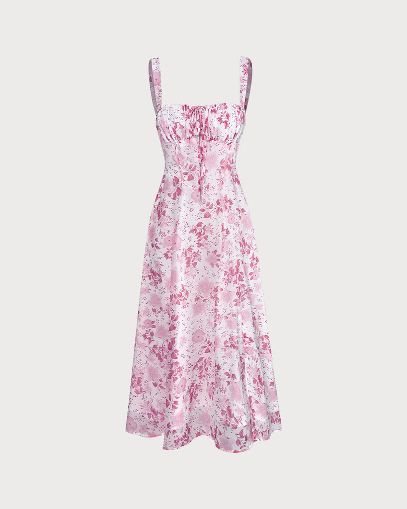 The Pink Square Neck Floral Ruched Midi Dress