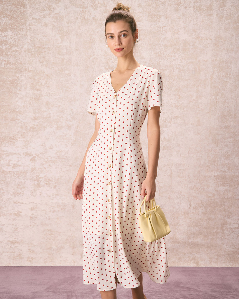 The V-Neck Polka Dot Midi Dress Dresses - RIHOAS