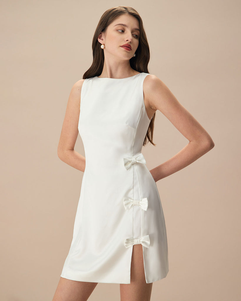 The White Boat Neck Bowknot Mini Dress Dresses - RIHOAS